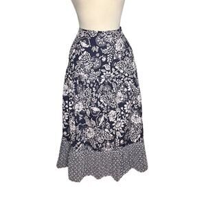 Luna Moon Navy White Floral MIDI Skirt Long Embroidered Details CottageCore 1018